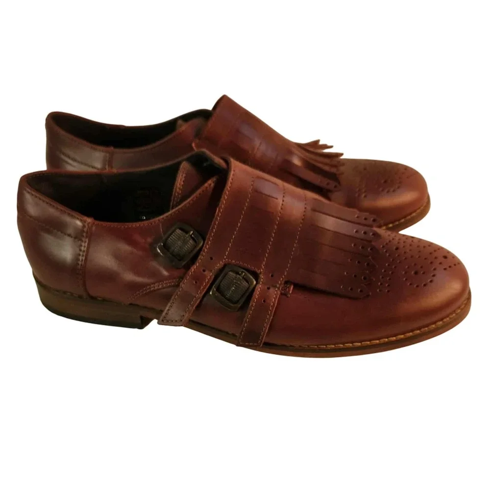 Burgundy Leather Monk Strap Loafer Shoe with Fringe and Brogue‎ Detail Men 40 eu